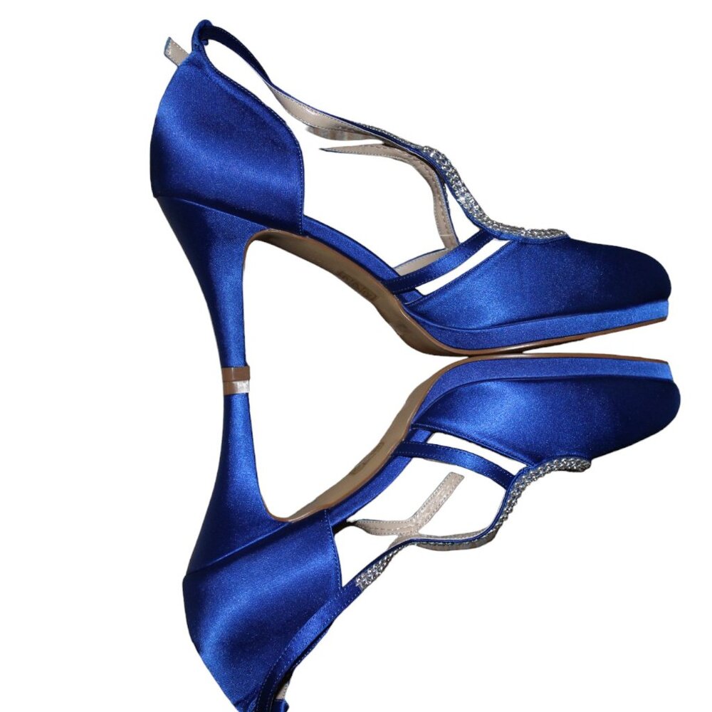 ERIJUNOR Comfort Low Heel Closed-Toe Ankle Strap Blue Satin Rhinestones 8, NIB